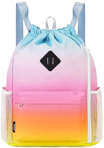 WANDF Drawstring Backpack Sports Gym Bag with Shoes Compartment, Water-Resistant String Backpack Cinch for Women Men (Rainbow,Large)