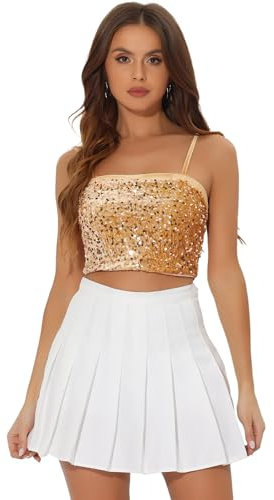 Allegra K Damen Pailletten Oberteil Ärmellos Tanktop Spaghettiträger Glitzer Cami Party Crop Top Champagner Gold M