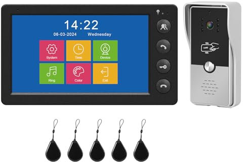 Karmen Sistema de Videoportero, Pantalla Interior de 7 Pulgadas, Timbre Exterior con Cable, señal analógica de 1000TVL, Desbloqueo RFID