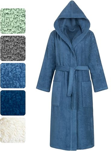 Morgenstern Bademantel Damen mit Kapuze 100% Baumwolle Frottee OEKO-TEX® Morgenmantel Marina Jeans-Blau Gr. XL