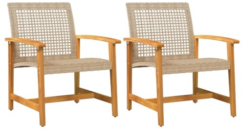 vidaXL Gartenstuhl 2 STK., Stuhl für den Außenbereich, Gartensessel mit Rückenlehne Armlehnen, Sessel Terrassenstuhl Gartenmöbel, Beige Poly Rattan Akazienholz