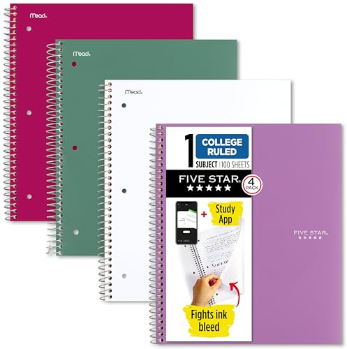 Five Star Spiral Notebook + Study App, 100 Sheets, 1 Subject, College Ruled Paper, Fights Ink Bleed, Water Resistant Cover, 820337-ECM, Purple, Pink, White & Green, 8-1/2 x 11, 4 Pack