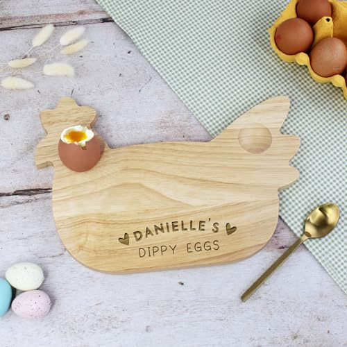 eBuyGB Personalised Chicken Shaped Dippy Eggs Board with Name & Love Hearts or Stars, Making Breakfast Fun for Kids, Wooden Easter Egg & Soldiers Plate