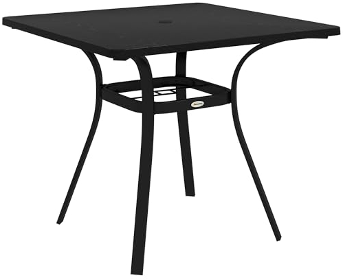 Outsunny Gartentisch, Esstisch mit Schirmloch, Quadratischer Balkontisch für 4 Personen mit Fußpolster bis 70 kg belastbar für Terrasse, Stahl, Schwarz, 80 x 80 x 76 cm