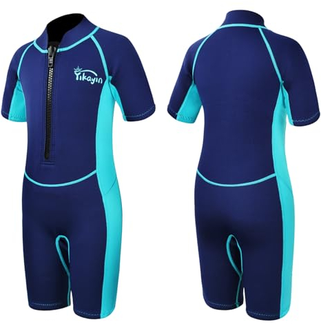 Yikayin Neoprenanzug Kinder Kurz, 2mm Premium CR Nassanzug Shorty Jungen Mädchen, Thermo UV Neopren Schwimmanzug Frontreißverschluss zum Schwimmkurs, Tauchen, Surfen, Schnorcheln, SUP - Blau M