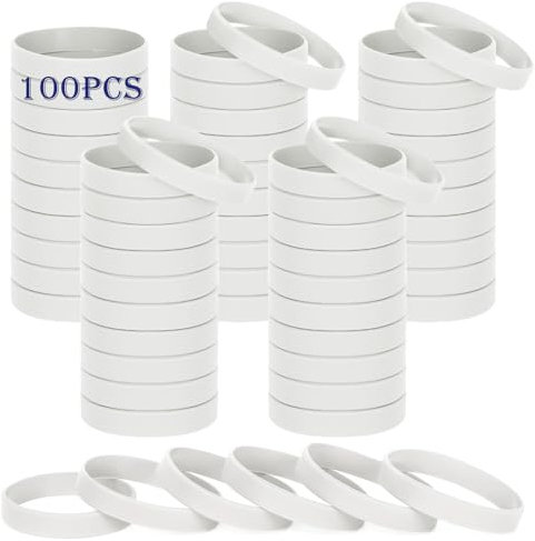 HONTIUS Bracelets en silicone, 100PCS Blanc Élastiques en Silicone 8''Bracelets en caoutchouc élastique pour Sport Homme Femme Adolescent