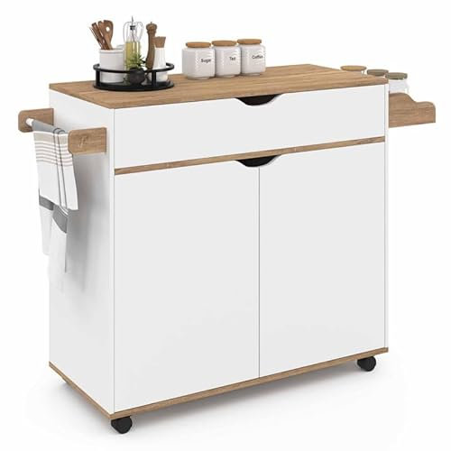 IDMarket - Desserte de cuisine COSY XXL placard avec tiroir blanc et plateaux façon hêtre L.90 CM