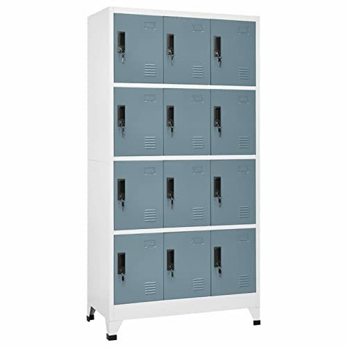 IKAYAA Spind Schrank Schließfachschrank mit 12 Fächern Metallspind Abschließbar Umkleideschrank Lagerschrank Spind Metallschrank Wertfachschrank Schließfach Stahl Hellgrau und Dunkelgrau