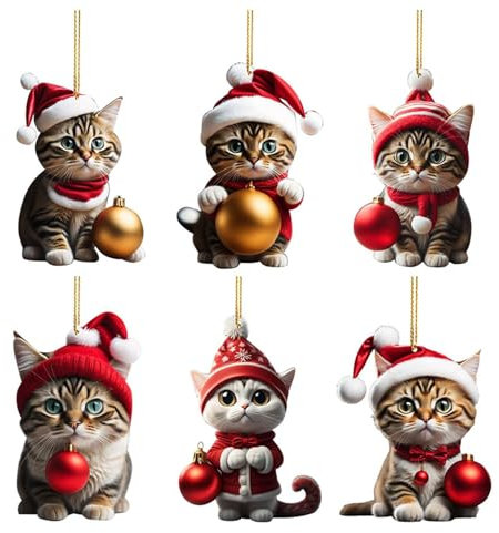 Valicaer Christmas Tree Cat Pendants Decoration Set - 6Pcs Hanging Ornaments for Xmas Tree - Acrylic Cat Pendant for Home Decor (B)
