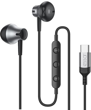 essa Type-C Earphones with Powerful Bass, In-Ear USB-C Headphones with Mic, Tangle-Free, Ergonomic Design for Android, iPad, iPhone 15, Laptops, and More (Black)
