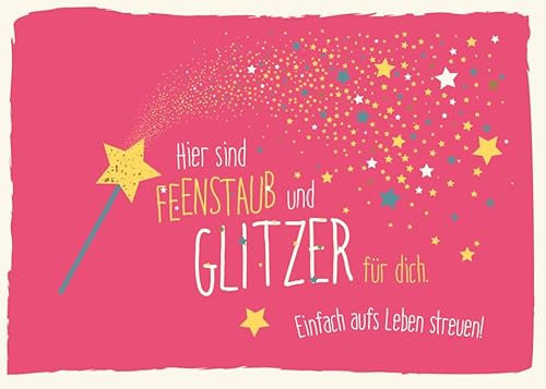 Gutsch Verlag Postkarten Sprüche Feenstaub Glitzer Karte für Kinder und Erwachsene mit Zauberstab und Sternen auf pinkem Hintergrund ideal zum Verschenken oder als Dekoration