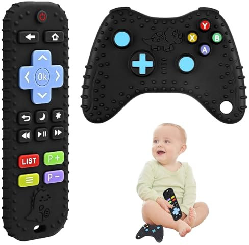 Lot de 2 télécommandes pour bébé, en silicone, sans BPA, télécommande + modélisation de la console de jeu, convient aux bébés à partir de 3 mois (noir)
