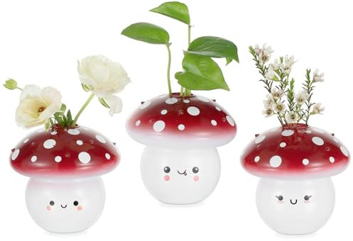 Glasseam Glas Pilz Vasen für Blumen - Kleine Blumenvase Set mit 3 niedlichen Knospenvasen für Zuhause Zimmer Tischdekoration - Mini Vasen mit Gesichtsausdruck - Einzigartige emotionale Unterstützung
