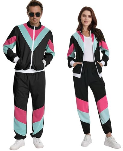 Playnett 80er Trainingsanzug Retro Trainingsanzug Kostüm Damen 80er Jahre 90er 80 Er