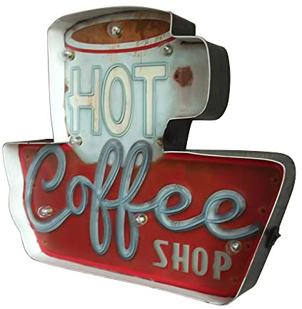 ZASCHMOY Geprägtes Metallschild „Hot Coffee Shop“, Vintage-Dekorschild mit LED-Lichtern, Wanddekoration aus Metall für Café, Bar, Restaurant, Küche