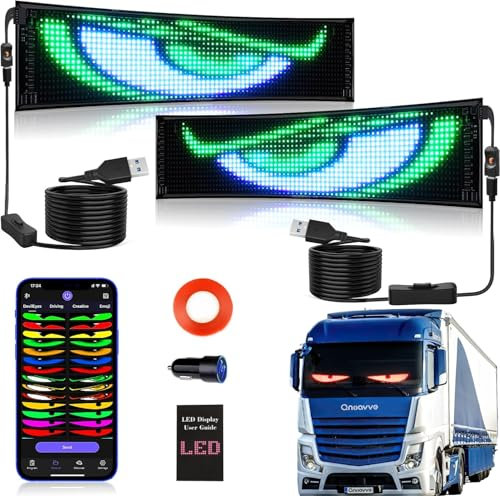 2er LED Augen für LKW, 59x12cm Flexibel led Anzeigetafel mit Bluetooth-App, Vollfarbig Programmierbar Laufschrift Display, Teufelsaugen LED-Anzeige für Auto Frontscheibe, Werbung, Party