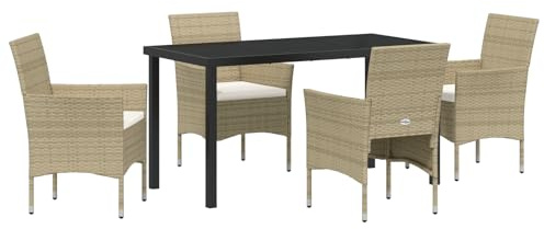 vidaXL Garten Essgruppe mit Kissen 5 pcs Beige Poly Rattan, Garten- und Terrassentisch, moderner Essbereich, wetterfest, ergonomisch, robust, ideal für Familienspaß