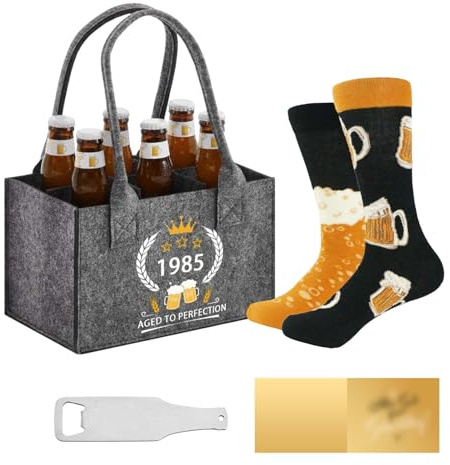 1985 Geschenke Geburtstag Bier für Papa Männer, Flaschentasche mit Flaschenöffne, Socken und Karte, für 6 Bierflaschen, Wiederverwendbare Handtasche, Geschenk 1985. Bierliebhaber, Bierfeste Partys