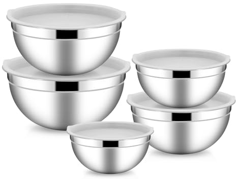 JJoexyfit Tazones para mezclar con tapa, cuencos para mezclar con tapa, juego de 5 ensaladeras de acero inoxidable, cuencos de metal para cocinar, preparar, servir (transparente)