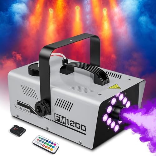Fog Machine Outdoor Indoor 1200W, 6000CFM Smoke Machine with 12 LED Lights, 13 Colors & 4 Effects, Dual Wireless Remotes & Auto Fogger for Halloween, Parties, DJ, Stage, Wedding Events