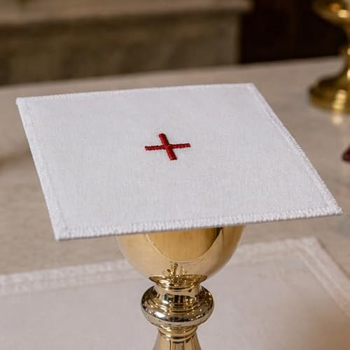 Single Altar Linen White Church 7 Pall 100% Cotton with Red Embroidered Cross Chalice veil Chalice cover