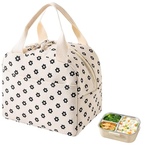 VEGCOO Bolsa Térmica Porta Alimentos 26x21x18cm, Bolsa de Almuerzo Térmica, Bolsa Nevera Pequeña Portátil Impermeable, Lunch Bag Aislada para Trabajo, Escuela, Picnic y Viajes(Beige)