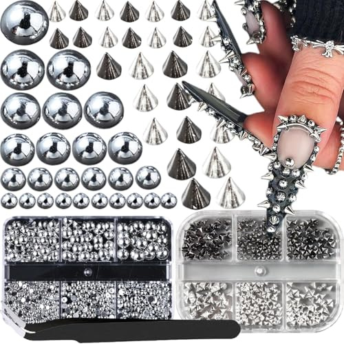 3D Mini Metall Punk Nail Art Charms, Goldfarben Schwarz Kegelförmige Spikes Legierungsnieten Schmuck Stahlkugeln Juwelen für Frauen ManiküreCharms Zubehör zum Selbermachen