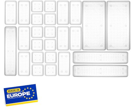 IDOBY Schubladen Organizer 26er Set, 4 Größen, transparent & stapelbar – Schubladeneinsätze für Küche, Bad, Schminktisch und Büro, für Kosmetik, Besteck, Schmuck und Schreibwaren
