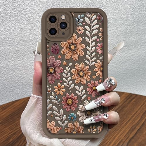 Cute Brown Phone Case for iPhone 11 Pro Max, Color Flowers and Leaves Pattern Shockproof Bumper Case for Women Girls, Soft TPU Slim Girly Cute Protective Cover for iPhone 11 Pro Max