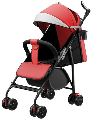 Belfoyer Kinderwagen mit Verstellbarem Schiebegriff, 4-Rad Liegebuggy ab 0–4 Jahre, Höhenverstellbar, Leicht & Kompakt Klappbar, mit Moskitonetz (Rot)
