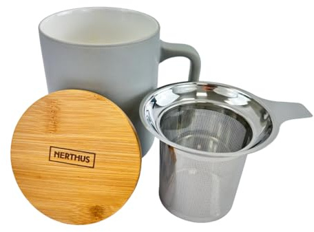 Nerthus FIH 1568 taza cerámica 375 ml con infusor acero inox y tapa bambú, diseño elegante, ideal para té e infusiones verde mar