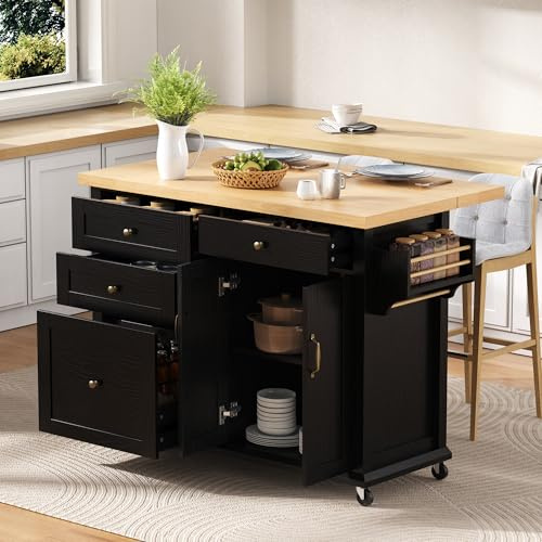 DJHWX Kücheninsel auf Rollen,Küchenwagen mit Arbeitsplatte, mit Klappbarer Tischplatte, mit Schubladen Barwagen,Küchenschrank,für Küche, Esszimmer,107x45(70) x90cm,Schwarz
