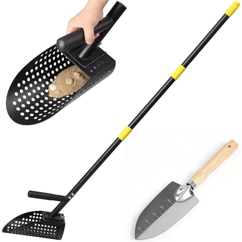 Pelle à sable pour détection de métaux de 162 cm, pelle de détection de métaux réglable, pelle de détection de métaux en acier inoxydable avec longue poignée en acier, tamis à sable, outil de