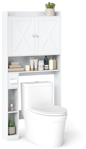 COSTWAY Armario de Almacenamiento sobre Inodoro, Estantería Organizadora con Doble Puerta, Portarrollos de Papel Higiénico y Estante Ajustable, Mueble Independiente para Baño Lavadero (Blanco)