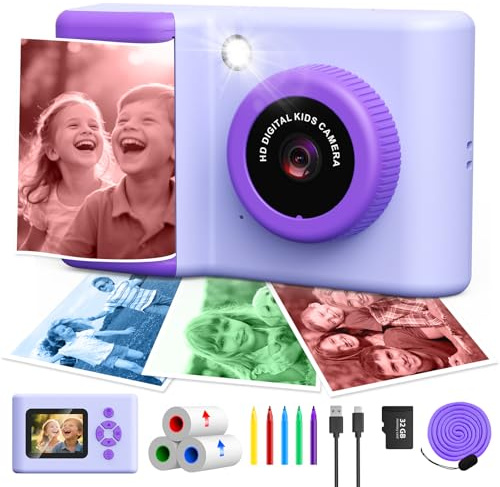 CHAKEYAKE Sofortbildkamera Kinder, 20MP 1080P HD Tragbare Digitalkamera mit 2,4-Zoll-Display, 3 Rollen Farbfotopapier, 32GB Speicherkarte, Farbstift, Geschenke für Jungen und Mädchen 3-14, Lila
