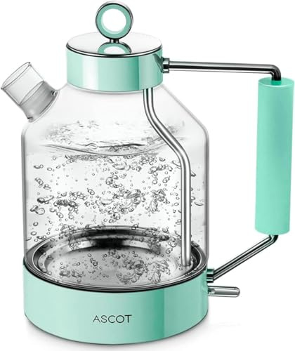 Electric Kettle, ASCOT Glass Electric Tea Kettle 1.5L 2200W Tea Heater & Hot Water Boiler, Borosilicate Glass, BPA-Free, Auto Shut-Off and Boil-Dry Protection (Green)