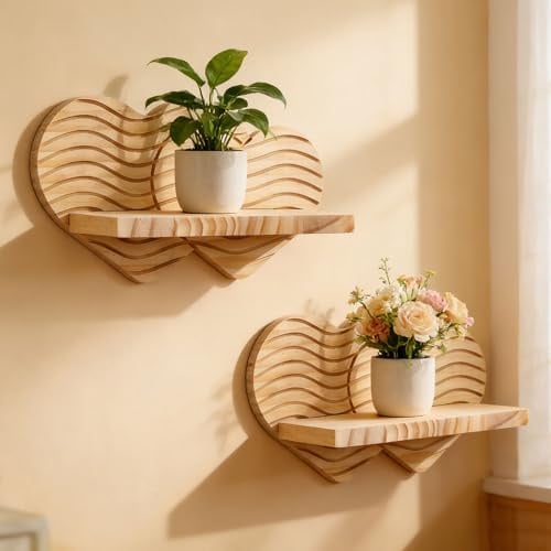 Pflanzenständer Hängend Indoor für Pflanzen Aufbewahrung, Herz Pflanzenregal 3D-Fadenmuster, Wanddeko Blumenständer Boho Ästhetik, Holz Lotusblume Wandregal für Wand Wohnzimmer Büro Flur (A x 2)