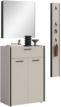 xonox.home – 3-TLG. Garderobenkombiation Emil 142x190x37 cm in Kaschmir Melamin und schwarzen Akzenten – große Garderobenkombination im modernen Flur