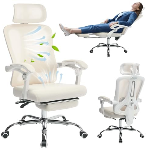 TUFSPRAX Chaise Gaming Ergonomique Dossier Haut – Maille Beige Respirante – Support Lombaire et Appui-tête réglables – Repose-Pieds – accoudoirs 3D – Coussin Lombaire – Structure Blanche + Pieds