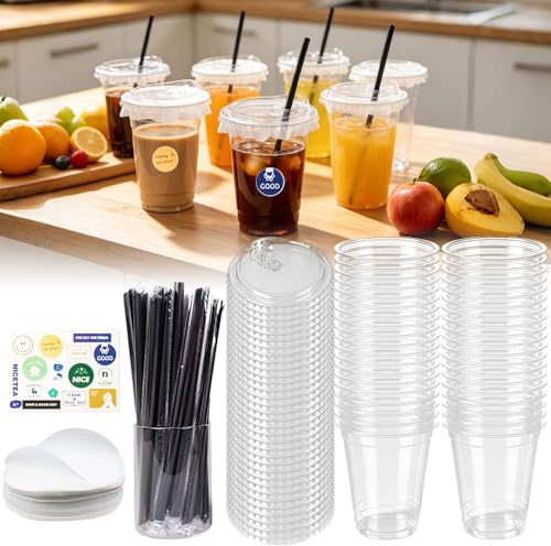 HOVCEH 50pcs Clear Plastic Cups with Lids and Straws,17.5OZ Plastic Coffee Cups with DIY Stickers and Leakproof Paper for Iced Milkshake Smoothie Coffee Cold Drink Party Catering