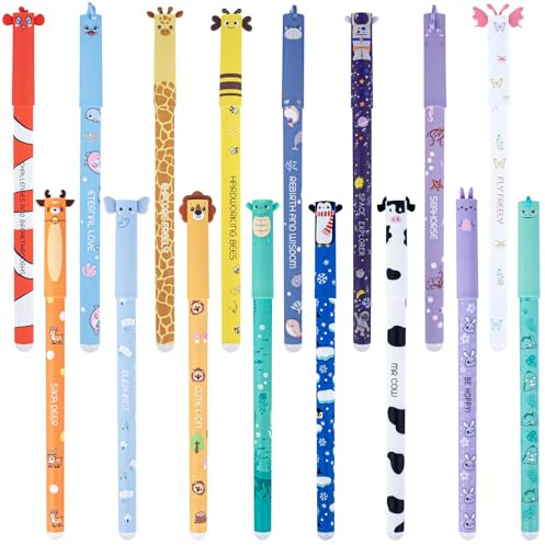 Happara 16 Stück Radierbare gelstifte set, Radierbaren Gelschreibern für Kinder, Tier Motiven radierbare Stifte, Einer Auswahl an Tintfarben und Designs, Geeignet für Schulen und Büros
