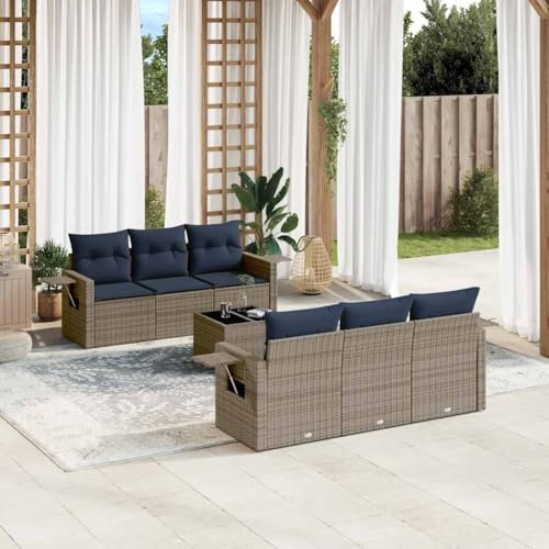 RCODSSK 7-teiliges Gartensofa-Set mit Kissen aus grauem Polyrattan inklusive Beistelltisch für Garten und Terrasse