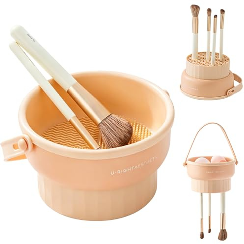 Solvio Multifunctional Makeup Brush Cleaner Mat, Foldable Silicone Make Up Brush Cleaner Bowl with Drying Rack, Portable Cosmetic Brushes Cleaning Pad for Washing and Storage (Skin Tone)