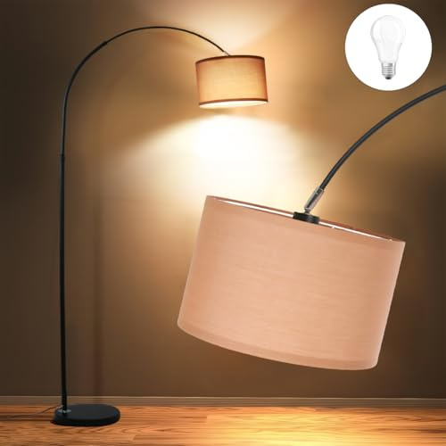 Modlicht Bogenlampe Wohnzimmer Stehlampe JASMIN I Inklusive LED E27 I Braunem Stoffschirm 33 cm I Fußschalter I 165-180 cm Schwarzer Bogenleuchte Vintage geeignet für Schlafzimmer, Hotel