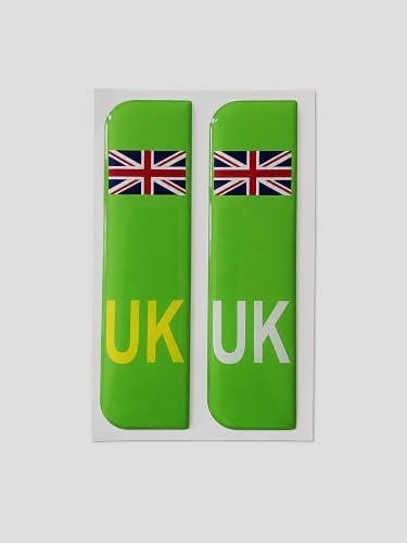 Green EV Union Jack UK Number Plate Stickers x 2 – Domed Gel Decals - High Gloss Gel 108mmx29mm