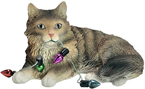 Sandicast Brown Tabby Maine Coon Cat with Holiday Lights Christmas Ornament, Multi Color (XSO33901)