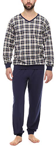 Timone Herren Schlafanzug Lang mit Bündchen aus Baumwolle Nightwear Set TI30-107 (Kariert1 Marine, M)