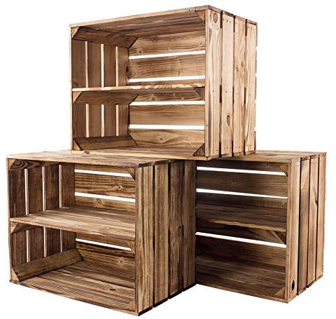 Kontorei® gebrannte/flambierte Obstkiste mit Zwischenboden 50cm x 40cm x 30cm 6er Set Regal Holzregal Kiste Box