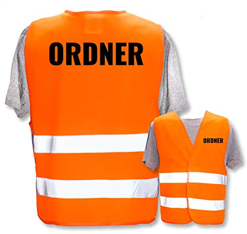 Bedruckte Warnwesten mit ISO-Leuchtstreifen * Standard- oder Reflex-Druck * Thema Sicherheit & Team, Warnweste Begriffe Security:Ordner, Farbe + Größe:Orange (3XL/4XL)