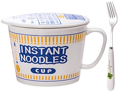 ECTbicyk 1000ml Ceramic Noodle Bowl with Lid Big Ramen Bowl Set with Fork Large Soup Mug with Handle Cute Cereal Cup Noodles Bowl Blue Microwave Safe
